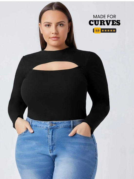 Plus Premium Cutout Neck Ribbed Top (Black)