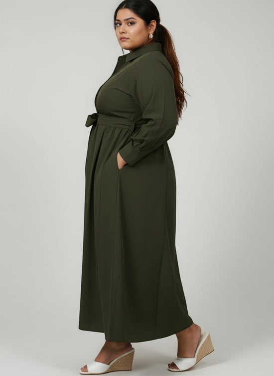 Pluswear Elan Belted Half Shirt Flare Dress (Army Green)