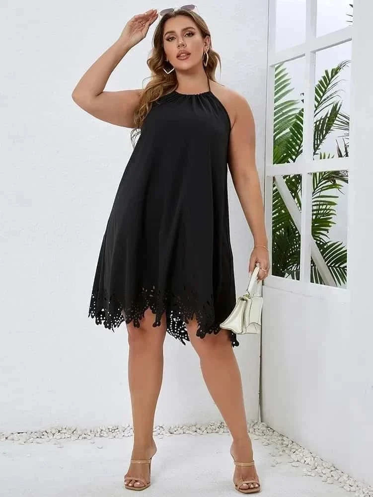 Plus Laser Cut Out Tie Backless Halter Dress(Black)D492 – Pluswear