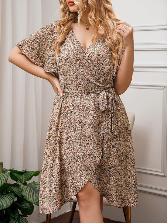 Plus Floral Ruffle Hem Wrap Dress D1833