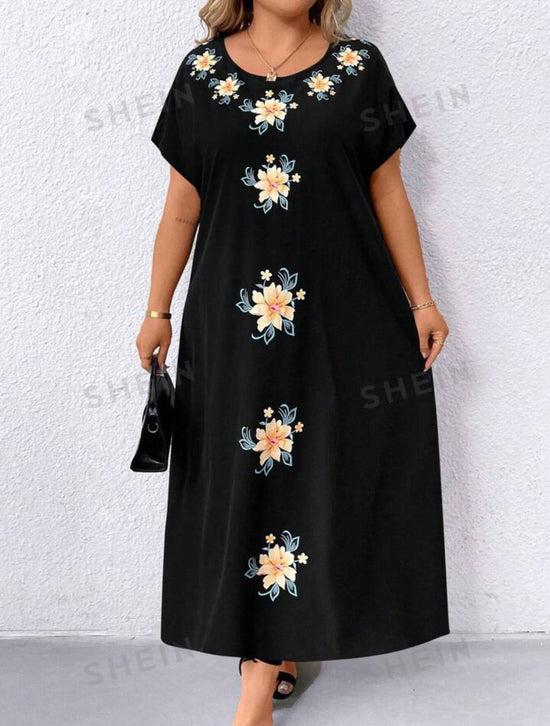 Plus Batwing Sleeve Floral Print Dress D1837