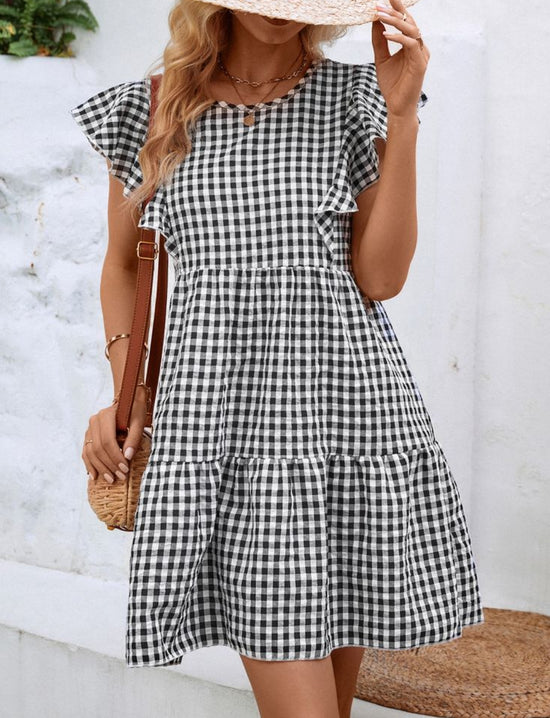 Plus Gingham Print Ruffle Hem Dress D1864