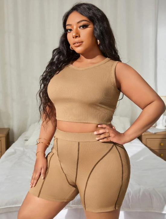 Plus Ribbed Tank Top & Top-Stitching Ribbed Biker Shorts CO1