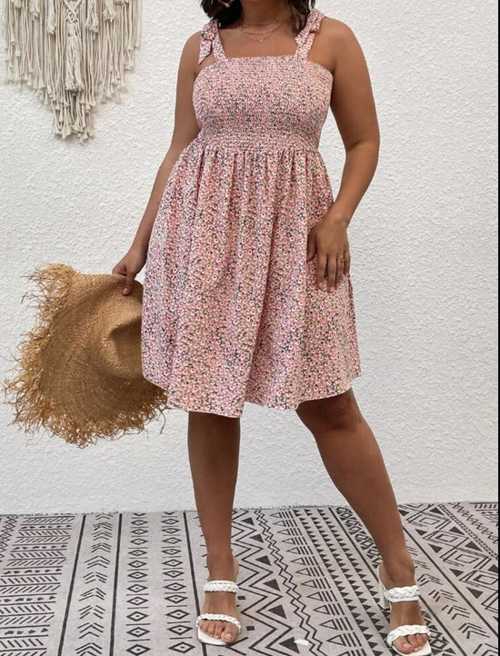 Plus Ditsy Floral Print Shirred Tie Shoulder Cami Dress