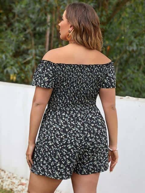 Plus Ditsy Floral Shirred Frilled Off Shoulder Romper D104