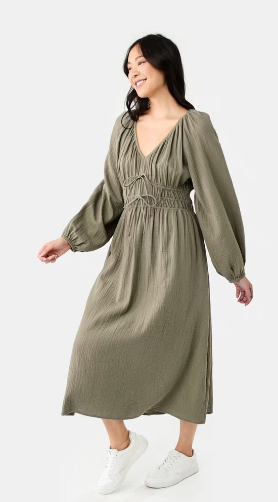 Plus Shirred Waist Lantern Sleeve Pockets Maxi Dress