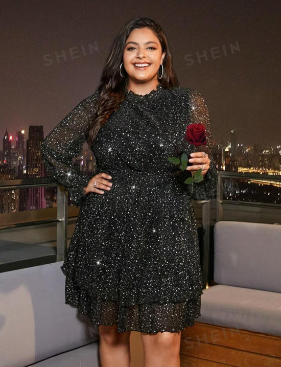 Plus Glitter Mesh Overlay Sheer Sleeve Dress D1846