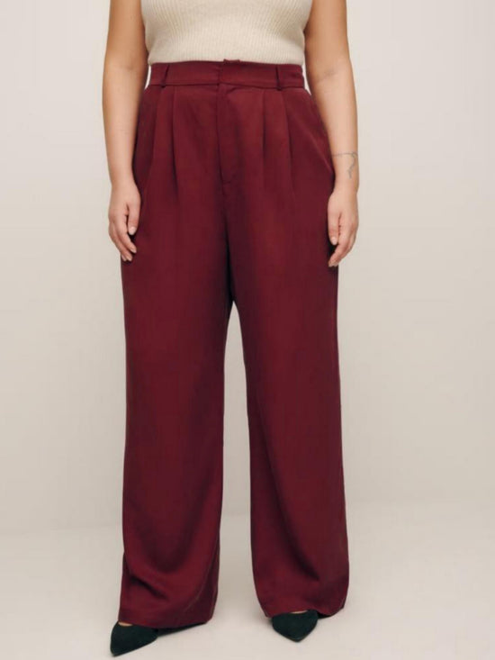 Pluswear Premium Plicated Hem Wide Leg High Waisted Pants (Burgundy)