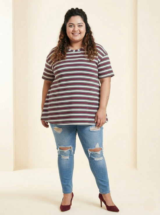 Pluswear Everyday Drop Shoulder A-Line Striped Cotton Tshirt (Maroon White)