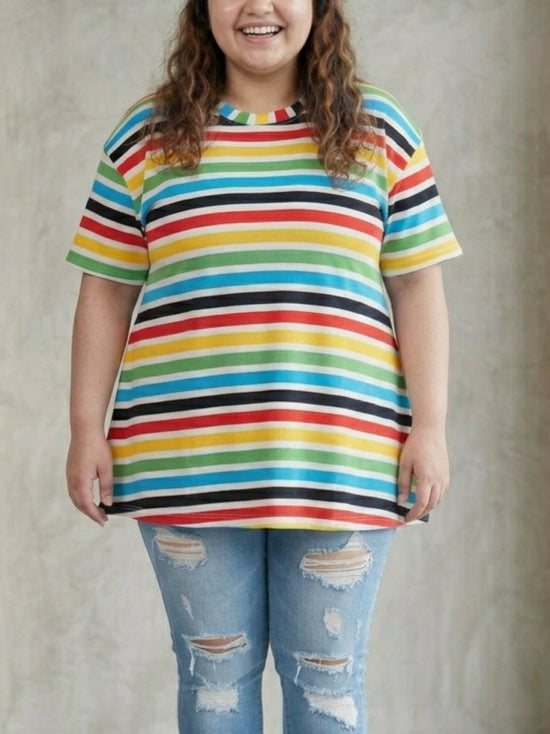 Pluswear Everyday Drop Shoulder A-Line Striped Cotton Tshirt (Rainbow)