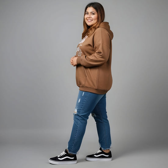 Pluswear Kaleshi Aurat Printed Oversized Pocket Fleece Hoodie (Brown)