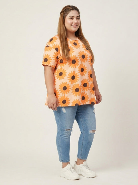 Pluswear Everyday Drop Shoulder Sunflower Yellow Print A-Line Tshirt