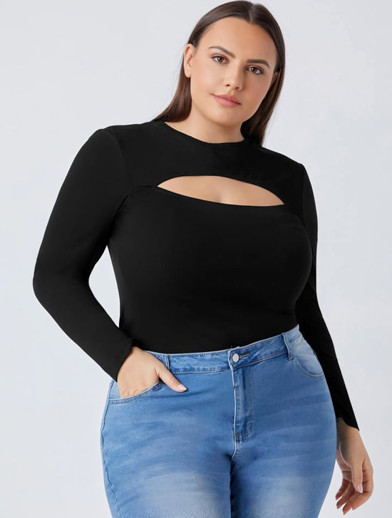 Plus Premium Cutout Neck Ribbed Top (Black)