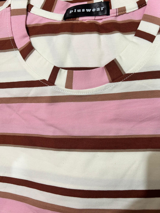 Pluswear Everyday Drop Shoulder A-Line Striped Cotton Tshirt (Pink-Brown)