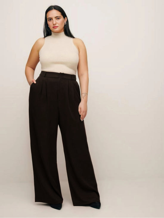 Pluswear Premium Plicated Hem Wide Leg High Waisted Pants (Dark Brown)