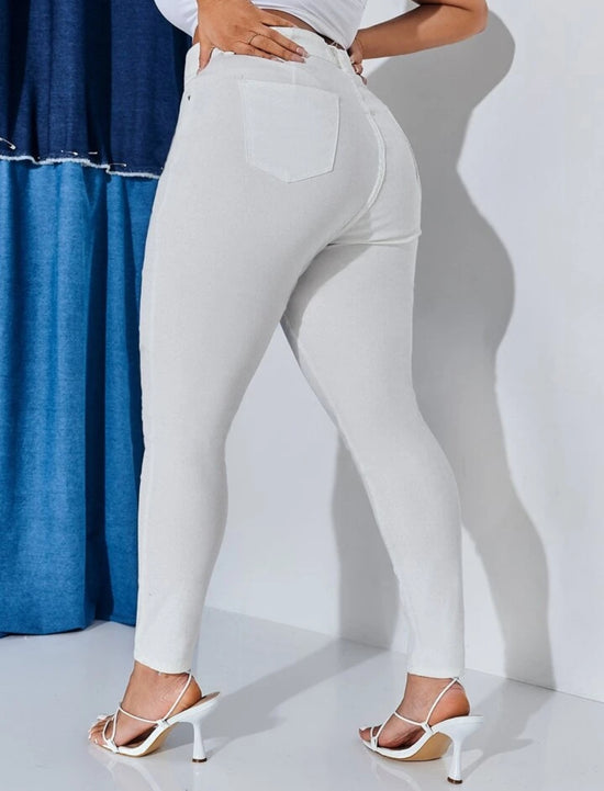 Plus High Waist Solid Skinny Jeans(White) J176