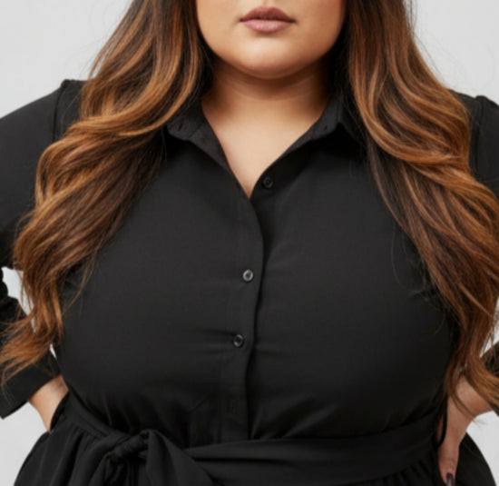 Pluswear Elan Belted Half Shirt Flare Dress (Black)