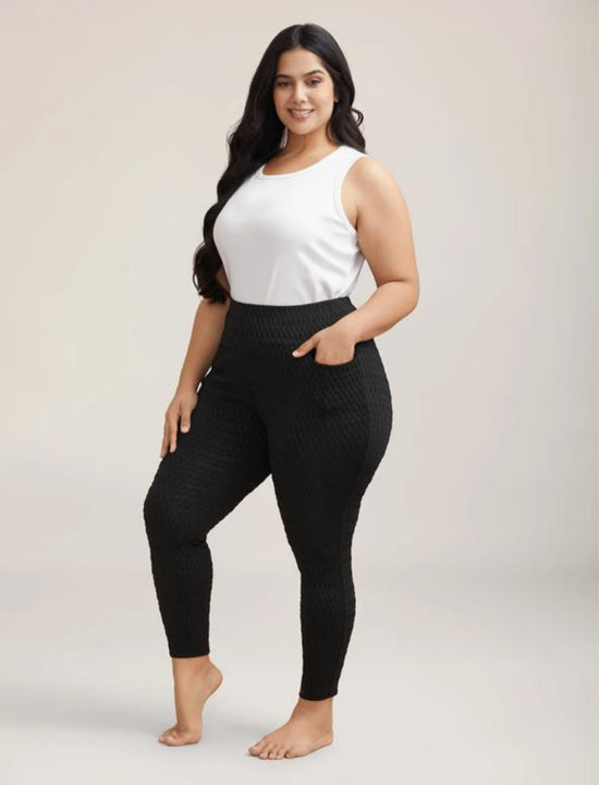 Pluswear Premium Textured Wide Waistband Pocket Leggings (Black)