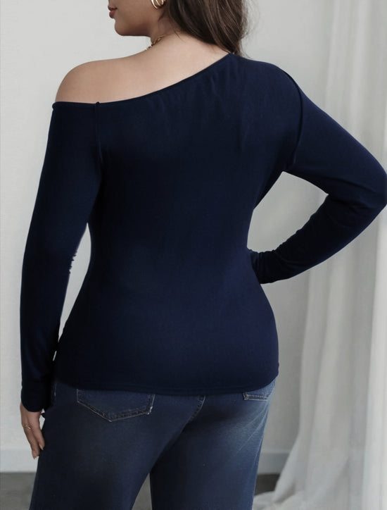 Pluswear Premium Asymmetric Shoulder Ribbed Top (Navy Blue)