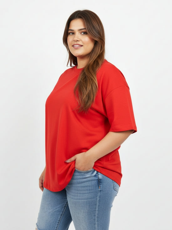 Pluswear Everyday Drop Shoulder Oversized Cotton Tshirt (Red)