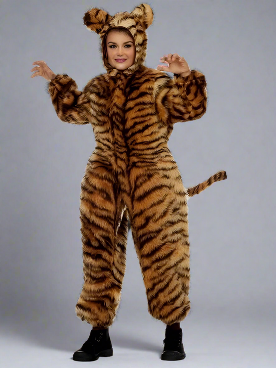 Plus zebra Print Fur Zip Front Hooded Onesie With Tail Attached