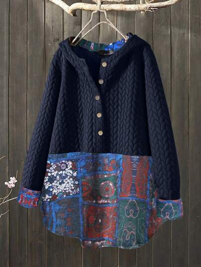 Plus Geo & Floral Print Half Button Cable Textured Hoodie T2237
