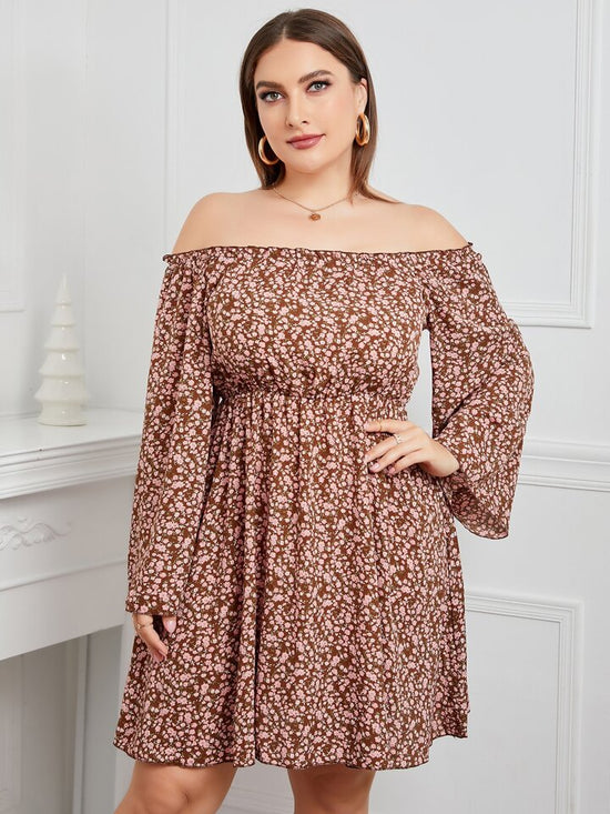 Plus Off Shoulder Floral Print Bell Sleeve Dress D3294