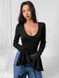 Pluswear Premium Flare Sleeve Ribbed Bodysuit (Black)