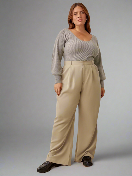 Pluswear Premium Plicated Hem Wide Leg High Waisted Pants(Vanilla)