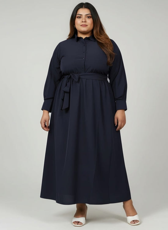 Pluswear Elan Belted Half Shirt Flare Dress (Navy Blue)