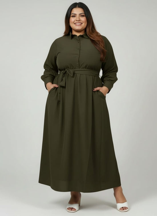 Pluswear Elan Belted Half Shirt Flare Dress (Army Green)