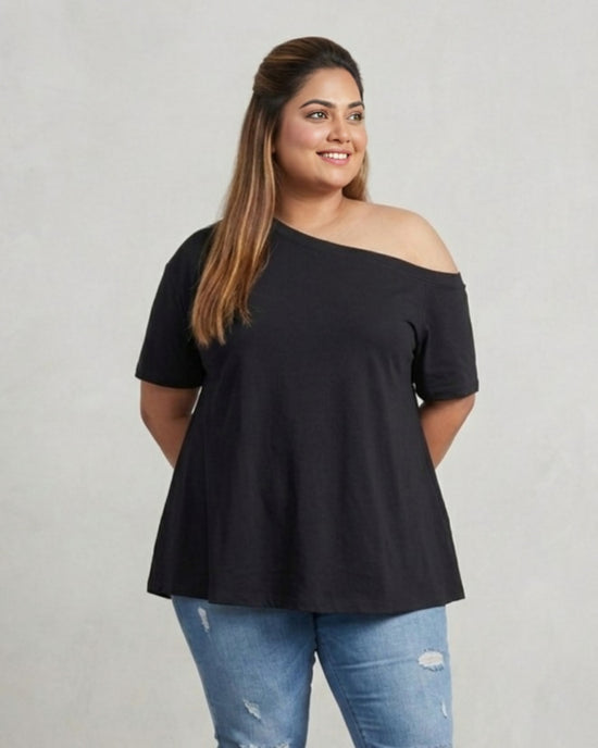 Pluswear Everyday One Shoulder A-Line Cotton Tshirt (Black)