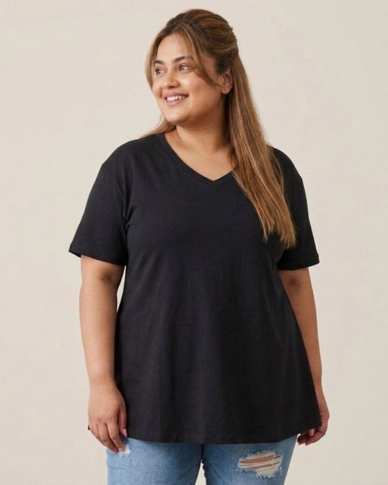 Pluswear Everyday V Neck A-Line Cotton Tshirt (Black)