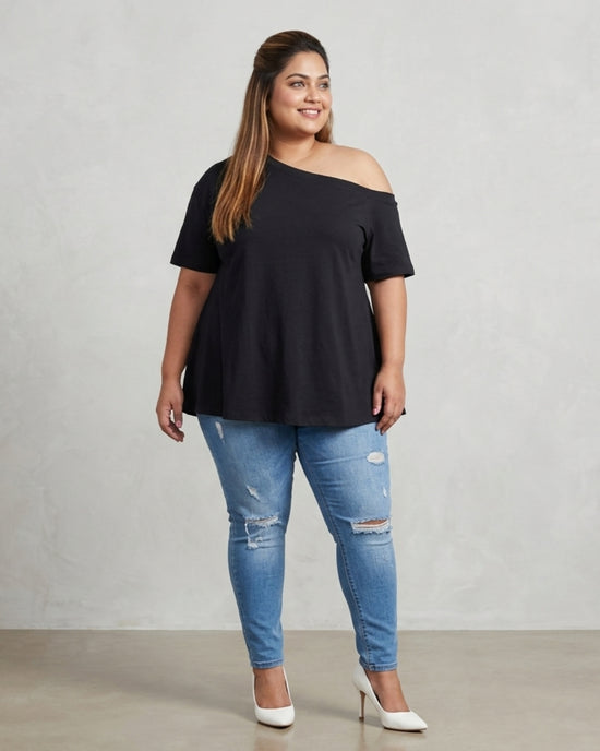 Pluswear Everyday One Shoulder A-Line Cotton Tshirt (Black)