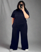 Pluswear Premium Ribbed Tee & Pocket Wide Leg Pants Set(Navy Blue)