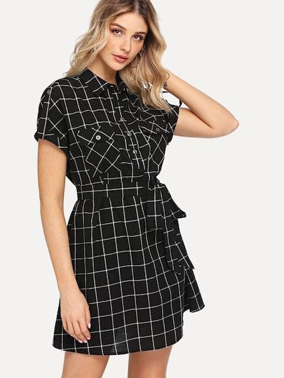 Plaid Print Pocket Front Belted Dress D3251