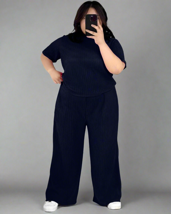 Pluswear Premium Ribbed Tee & Pocket Wide Leg Pants Set(Navy Blue)