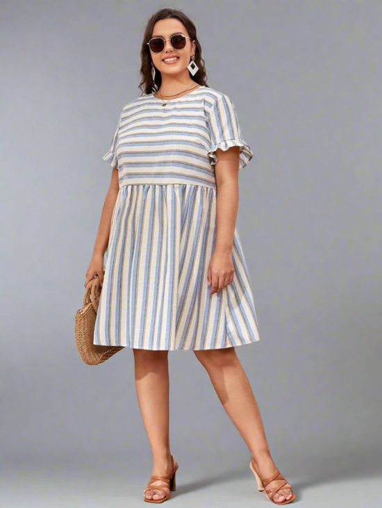 Plus Striped Flounce Sleeve High Waist Dress k38