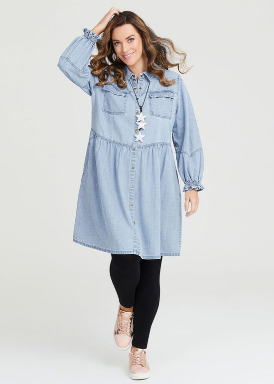 Plus Button Up Cotton Denim Shirt Dress With Pockets D4021
