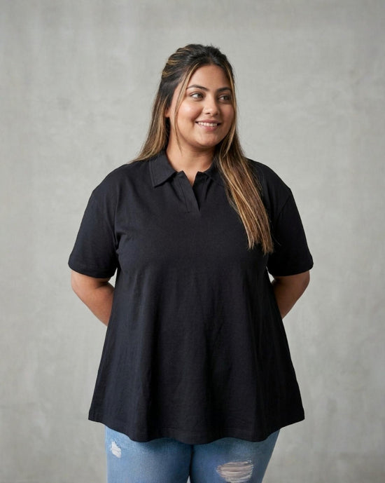 Pluswear Everyday Polo Collar A-Line Cotton Tshirt (Black)