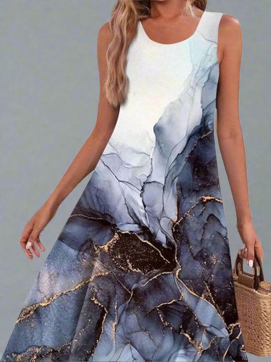 Plus Marble And Celestial Print Sleeveless Dress D2046