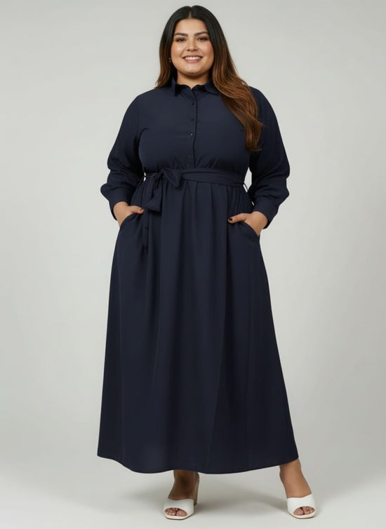 Pluswear Elan Belted Half Shirt Flare Dress (Navy Blue)