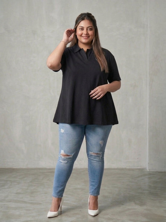 Pluswear Everyday Polo Collar A-Line Cotton Tshirt (Black)