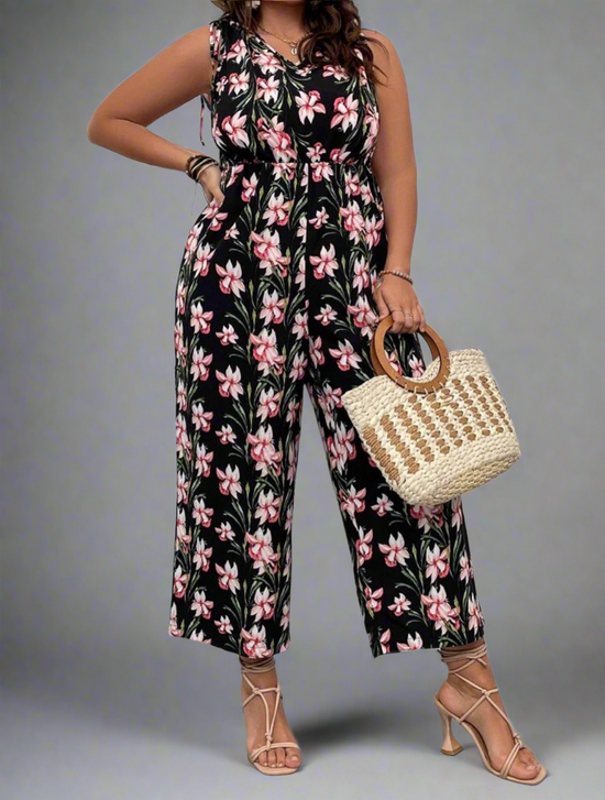 Plus Floral Print Drawstring Wide Leg Jumpsuit K24