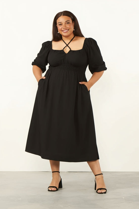 Pluswear Clara 4 Way Tie Up Neck Pocket Flare Dress(Black)