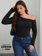 Pluswear Premium Asymmetric Shoulder Ribbed Top (Black)