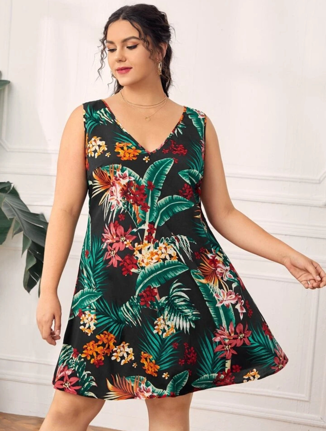 Plus Tropical Print V-Neck Dress D396