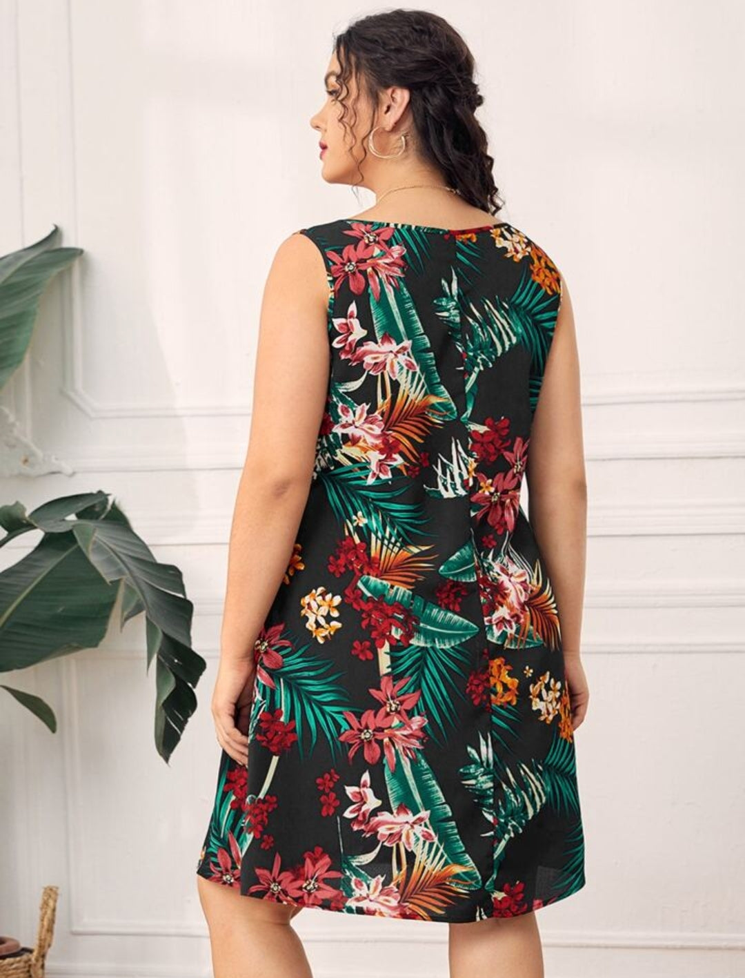 Plus Tropical Print V-Neck Dress D396