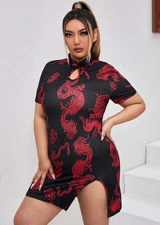 Plus Dragon Print Keyhole Neck Slit Hem  Bodycon Dress