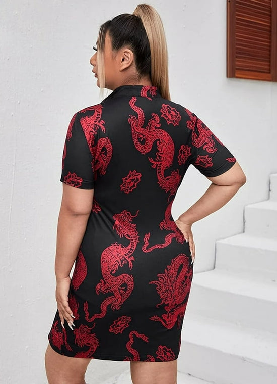Plus Dragon Print Keyhole Neck Slit Hem  Bodycon Dress
